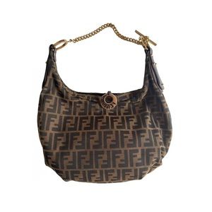 Fendi F print vintage zucca canvas purse bag with gold chain hardware
